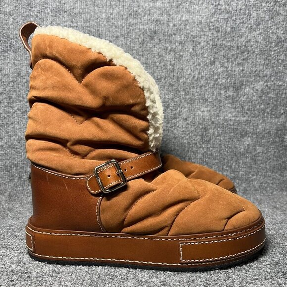 Chloe Maxie Shearling Fur Lined Brown Tan Snow Boots Fold Down Size 36 / US 6 - Picture 1 of 11